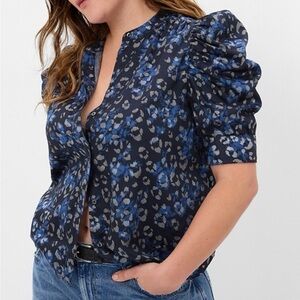 GAP Cotton Puff Sleeve Button Front Blouse Blue & Silver Size Medium
